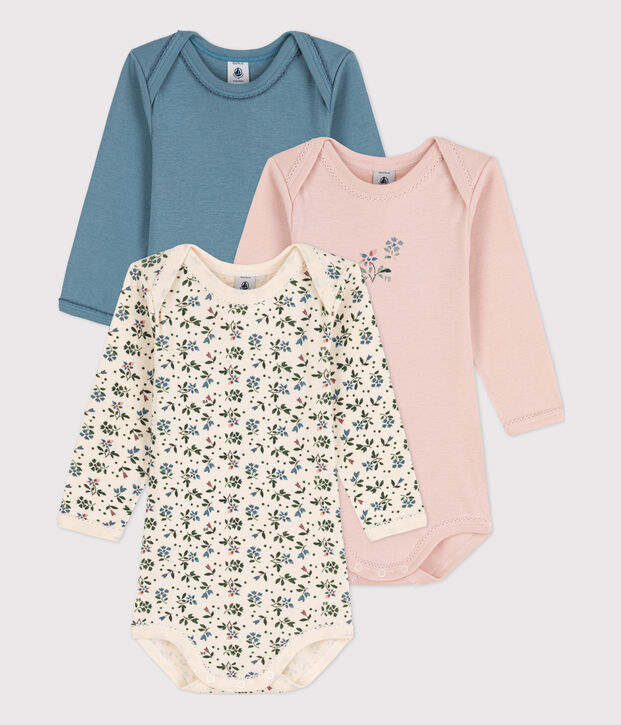 Lot de 3 bodies manches longues fleur b&eacute;b&eacute; en coton multicouleur