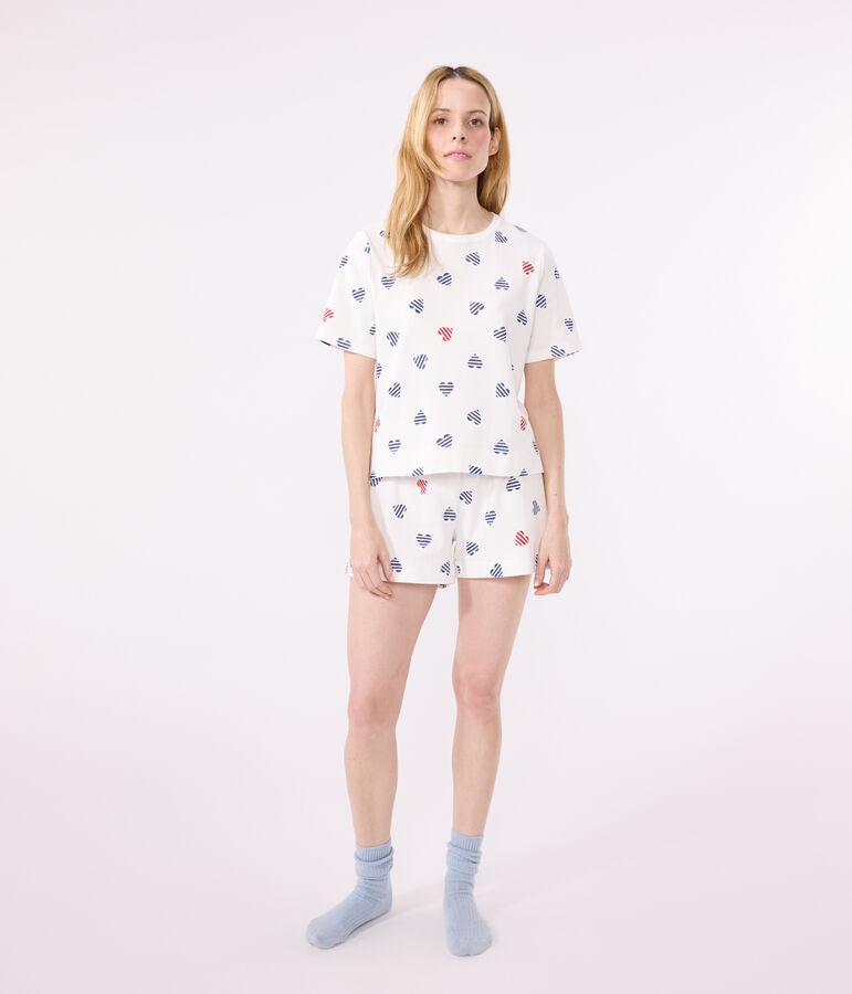 Pyjama short femme en coton imprim&eacute; coeurs blanc MARSHMALLOW/blanc MULTICO