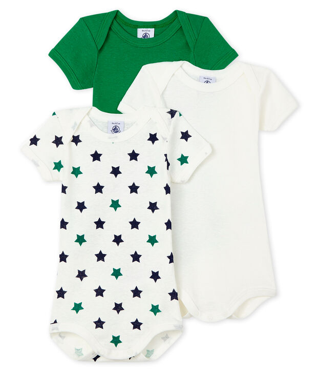 Trio de bodies manches courtes b&eacute;b&eacute; gar&ccedil;on en lin/coton multicouleur