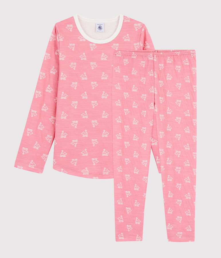 Pyjama jacquard chats petite fille en laine et coton rose/blanc