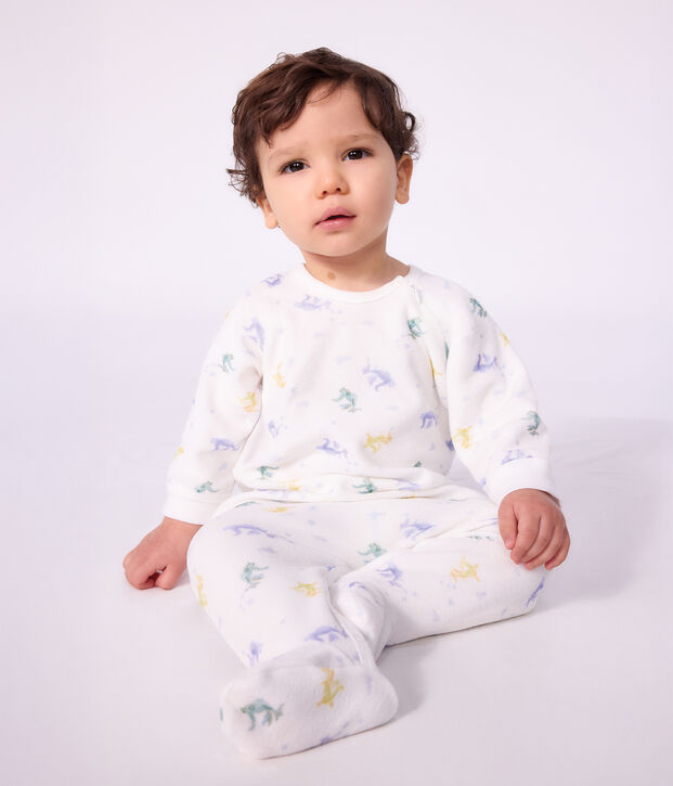 Pyjama b&eacute;b&eacute; en velours imprim&eacute; dragons blanc/multicouleur