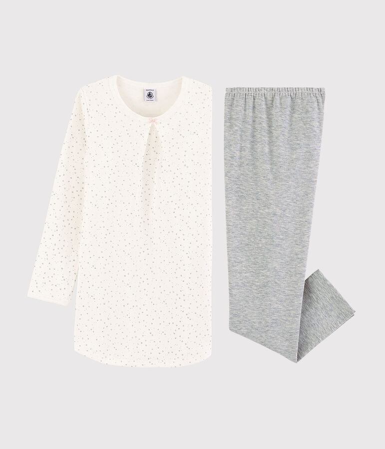 Chemise de nuit &eacute;toil&eacute;e avec legging petite fille en tubique blanc MARSHMALLOW/gris ARGENT