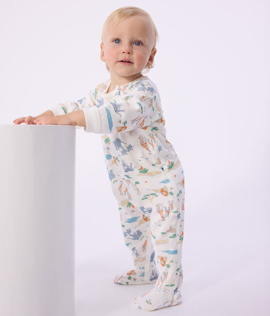 Pyjama bébé en coton avec zip imprimé savane blanc MARSHMALLOW/blanc MULTICO
