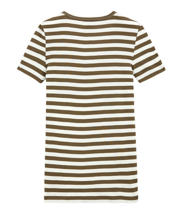 T-shirt femme col V en c&ocirc;te originale ray&eacute;e marron/blanc