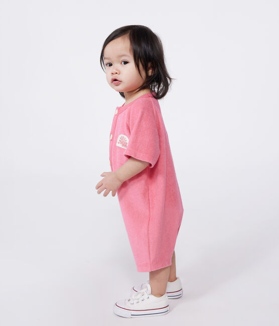 Combicourte bébé en coton éponge manches courtes unie et badge rose PEONIA