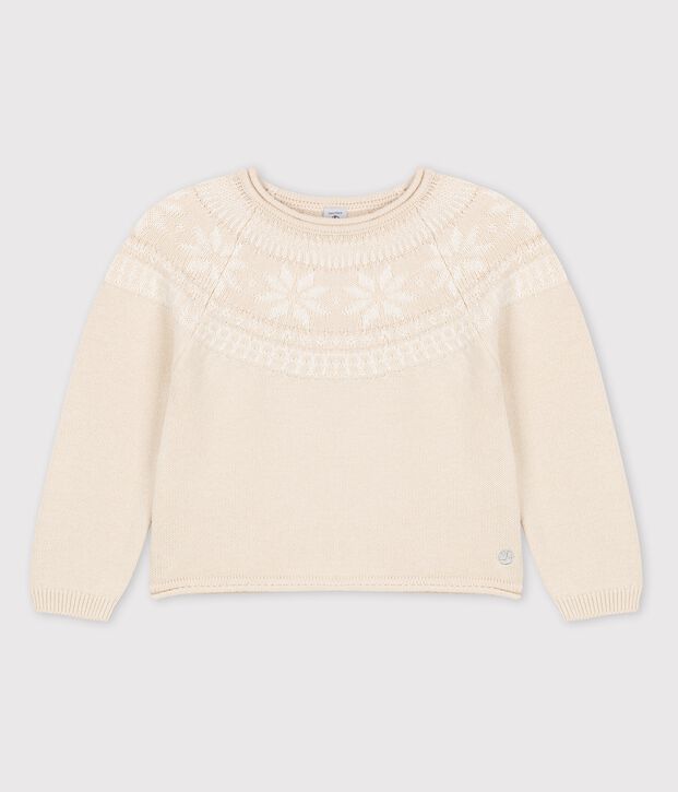 Pull laine et coton enfant fille beige/blanc