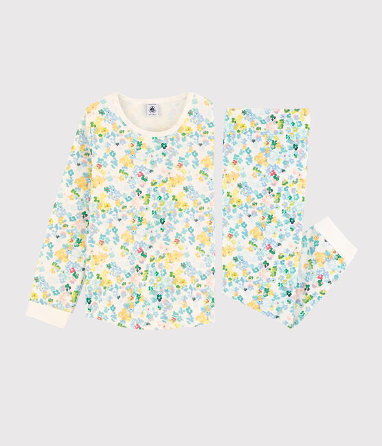 Pyjama à fleurs aquarellées petite fille en molleton blanc MARSHMALLOW/blanc MULTICO