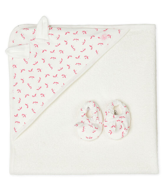 Coffret carré de bain et chaussons bébé en éponge et côte blanc MARSHMALLOW/rose GROSEILLER