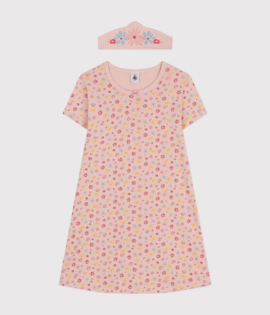 Chemise de nuit et son diadème en coton motif floral enfant rose SALINE/blanc MULTICO