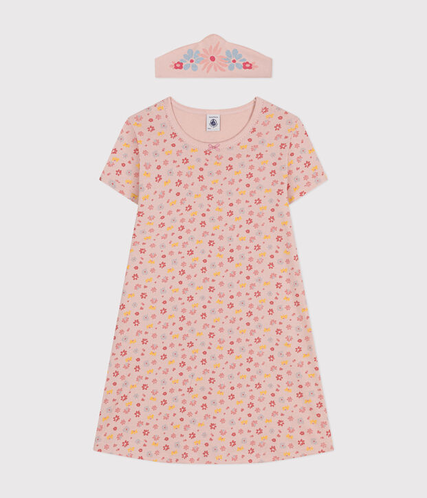 Chemise de nuit et son diad&egrave;me en coton motif floral enfant rose/multicouleur