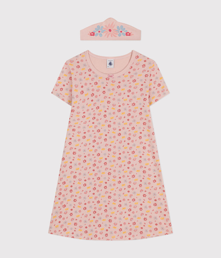 Chemise de nuit et son diad&egrave;me en coton motif floral enfant rose SALINE/blanc MULTICO