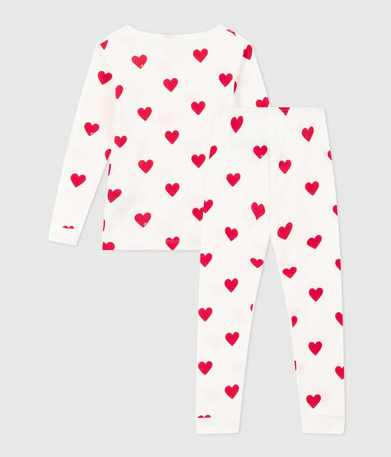 Pyjama ajust&eacute; coeurs en coton petite fille blanc MARSHMALLOW/rouge TERKUIT