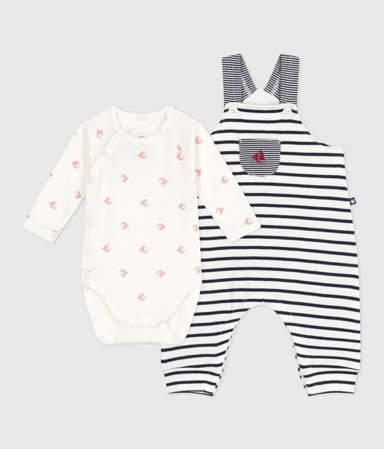 Ensemble salopette bébé rayure marinière et body imprimé blanc MARSHMALLOW/bleu SMOKING