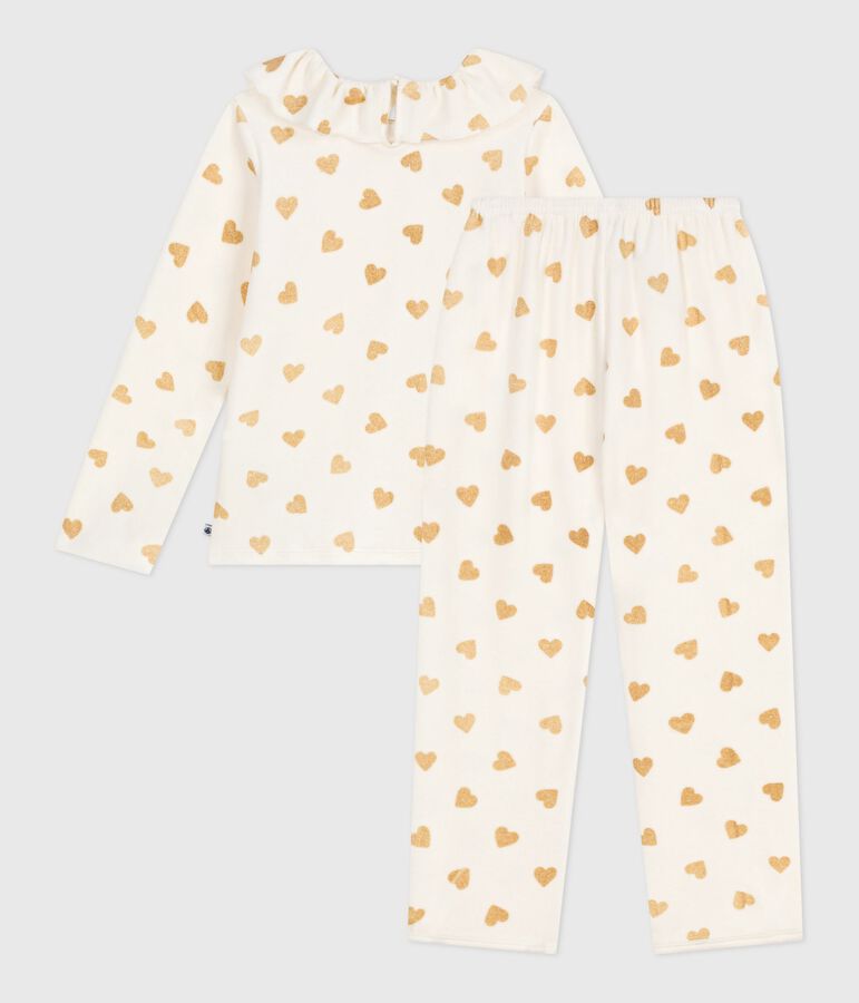 Pyjama enfant en velours imprim&eacute; c&oelig;urs dor&eacute;s &eacute;cru/jaune