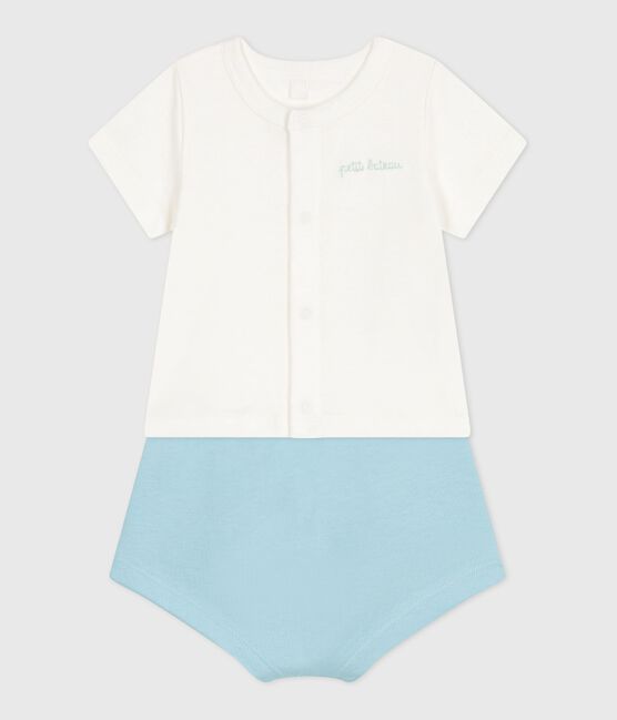 Ensemble naissance deux pièces en coton avec bas uni bleu MARSHMALLOW/ AQUATIC
