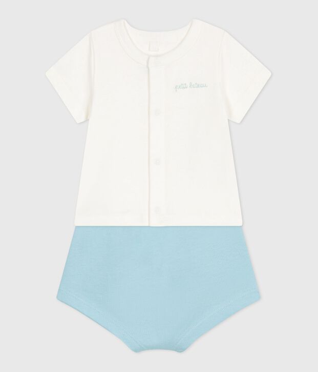 Ensemble naissance deux pi&egrave;ces en coton avec bas uni bleu/bleu