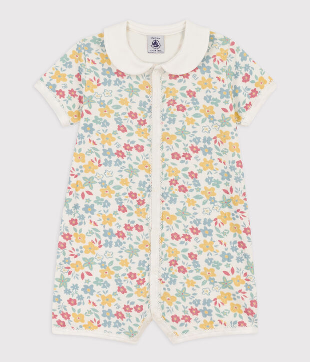 Combinaison courte fleurs en coton b&eacute;b&eacute; blanc/multicouleur