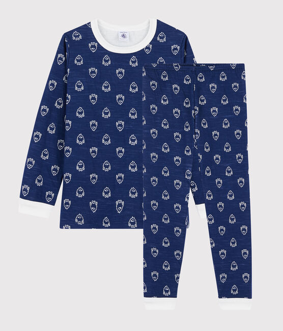 Pyjama jacquard yeti en laine et coton petit garçon bleu MEDIEVAL/blanc MARSHMALLOW