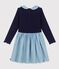 Robe enfant manches longues bi-mati&egrave;re en coton bleu SOIR