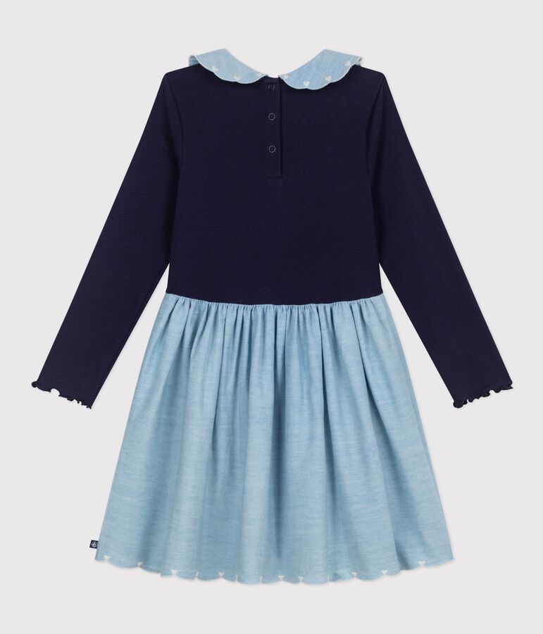 Robe enfant manches longues bi-mati&egrave;re en coton bleu SOIR