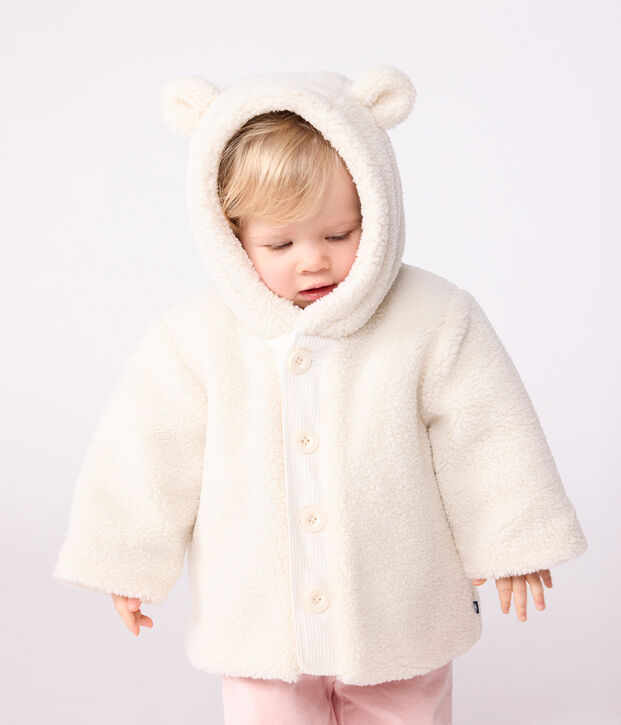 Manteau &agrave; capuche b&eacute;b&eacute; ouatin&eacute; en sherpa blanc cass&eacute;