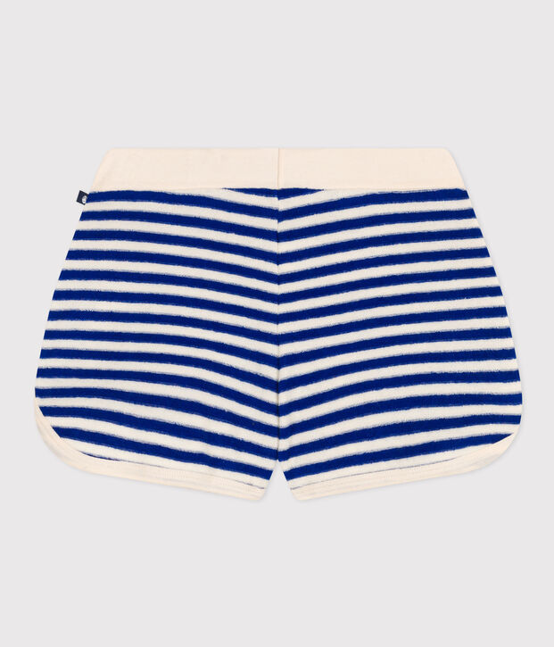 Short ray&eacute; en bouclette &eacute;ponge enfant fille bleu/&eacute;cru
