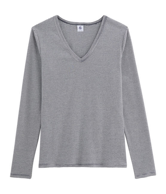 Tee shirt manches longues iconique femme bleu SMOKING/blanc MARSHMALLOW