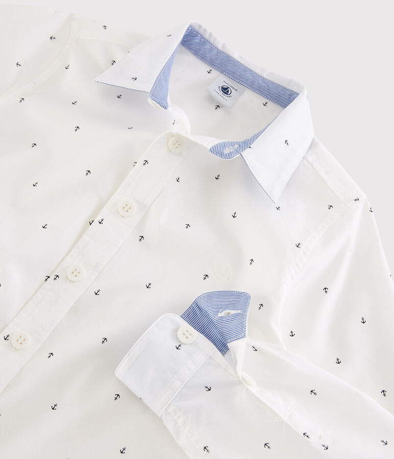 Chemise manches longues en popeline enfant gar&ccedil;on blanc MARSHMALLOW/bleu SMOKING