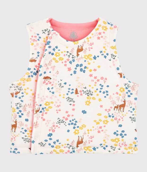 Gilet sans manches r&eacute;versible b&eacute;b&eacute; fille en coton biologique ouatin&eacute; blanc/multicouleur