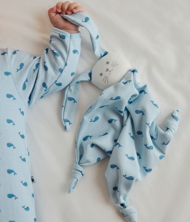 Doudou b&eacute;b&eacute; en coton imprim&eacute; bleu/bleu