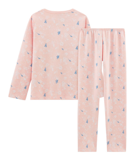 Pyjama rose à imprimé pingouin petite fille en jersey double face rose MINOIS/blanc MULTICO