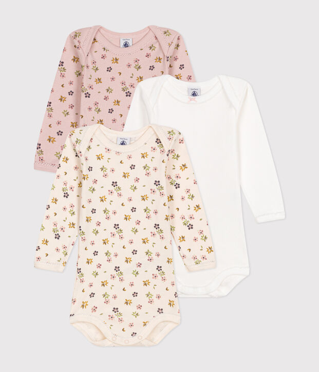Lot de 3 bodies manches longues fleurs en coton b&eacute;b&eacute; multicouleur