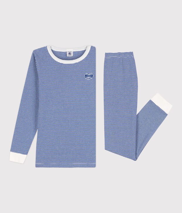 Pyjama ajust&eacute; milleraies en coton enfant bleu/blanc