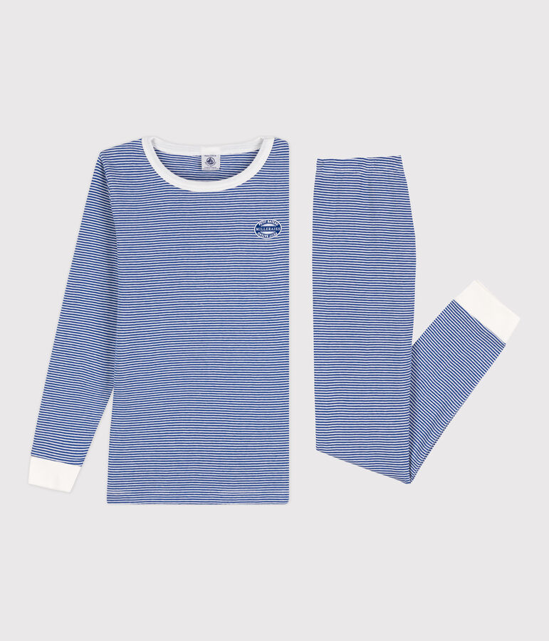 Pyjama ajust&eacute; milleraies en coton enfant bleu/blanc
