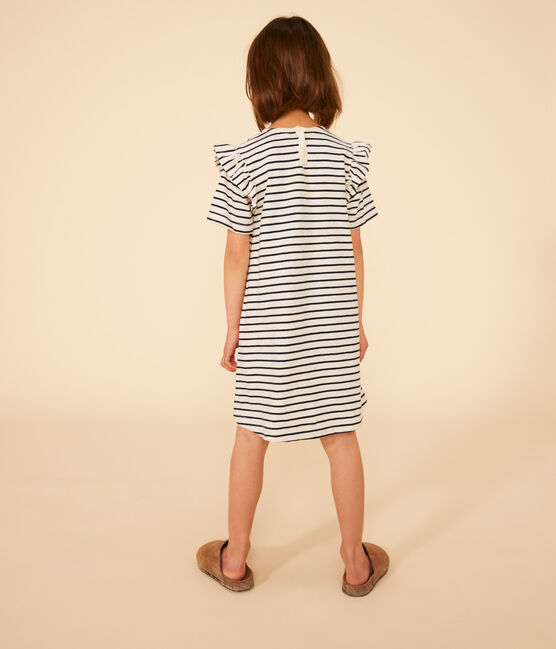 Robe rayée manches courtes en coton enfant fille blanc AVALANCHE/bleu SMOKING