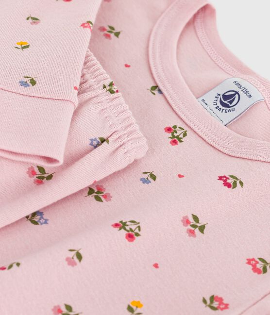 Pyjama enfant en coton jambes très ajustées imprimé fleurs rose JOLI/blanc MULTICO