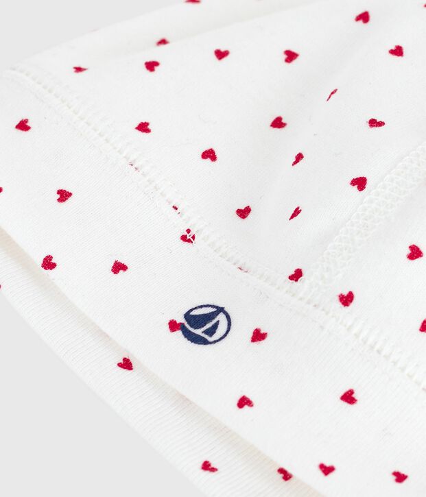 Bonnet naissance en coton imprim&eacute; c&oelig;urs blanc/rouge
