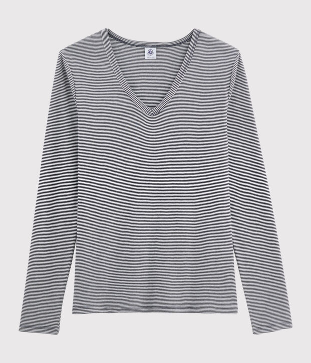 T-shirt col V iconique en coton Femme bleu/blanc