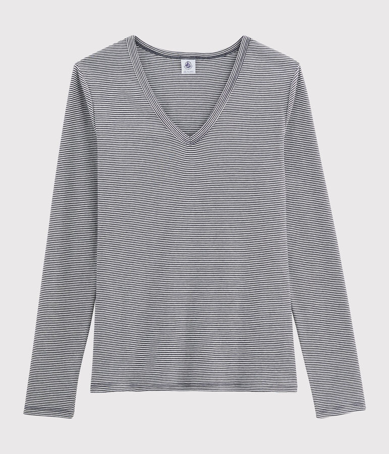 T-shirt col V iconique en coton ray&eacute; Femme bleu SMOKING/blanc MARSHMALLOW