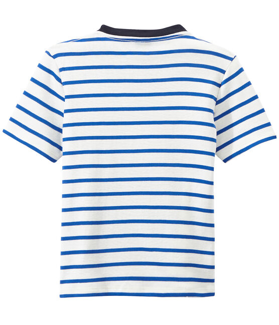 T-shirt garçon rayé et sérigraphié blanc MARSHMALLOW/bleu PERSE