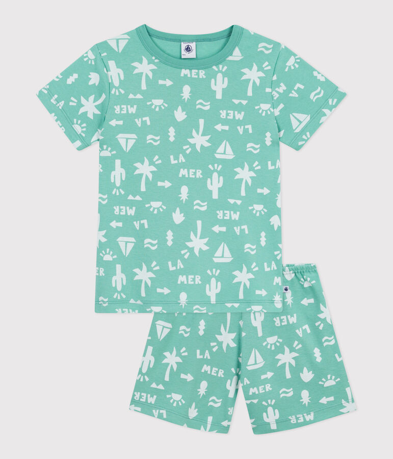 Pyjama short enfant en coton imprim&eacute; vert ALOEVERA/blanc MARSHMALLOW