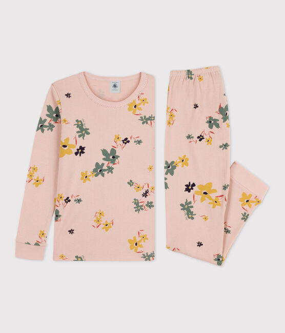 Pyjama ajusté fleur petite fille en coton rose SALINE/blanc MULTICO