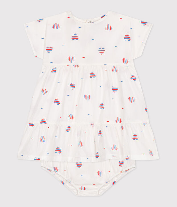 Robe b&eacute;b&eacute; en coton manches courtes et bloomer, imprim&eacute;s c&oelig;urs &eacute;cru/multicouleur