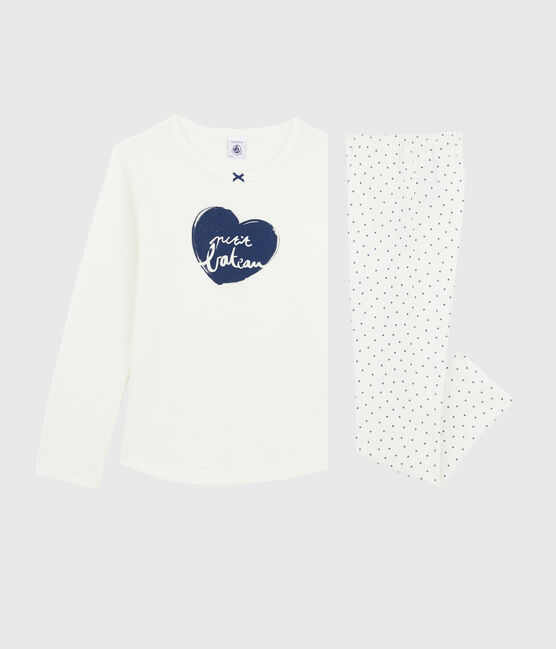 Pyjama mini cœurs petite fille en côte blanc MARSHMALLOW/bleu MEDIEVAL