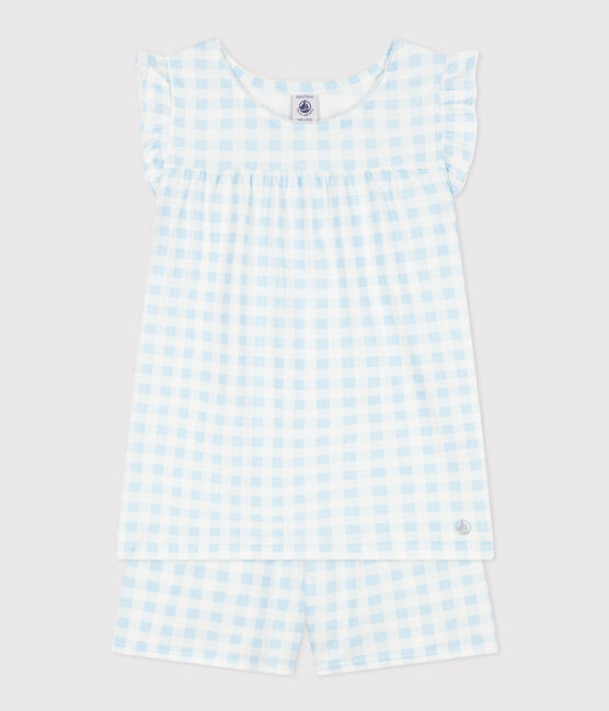 Pyjacourt imprimé vichy en coton fin petite fille bleu MARSHMALLOW/blanc GOMME