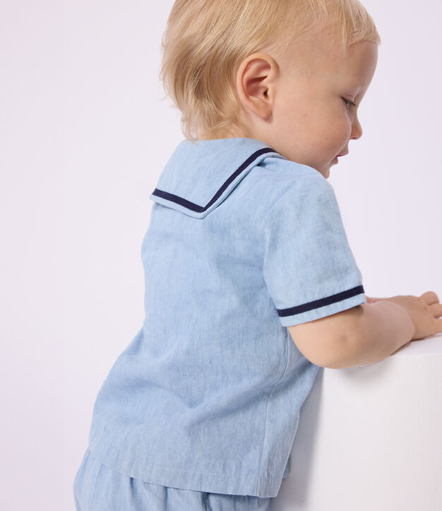 Ensemble b&eacute;b&eacute; 2 pi&egrave;ces en chambray, tee-shirt col vareuse bleu