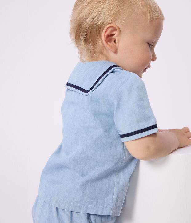 Ensemble b&eacute;b&eacute; 2 pi&egrave;ces en chambray, tee-shirt col vareuse bleu