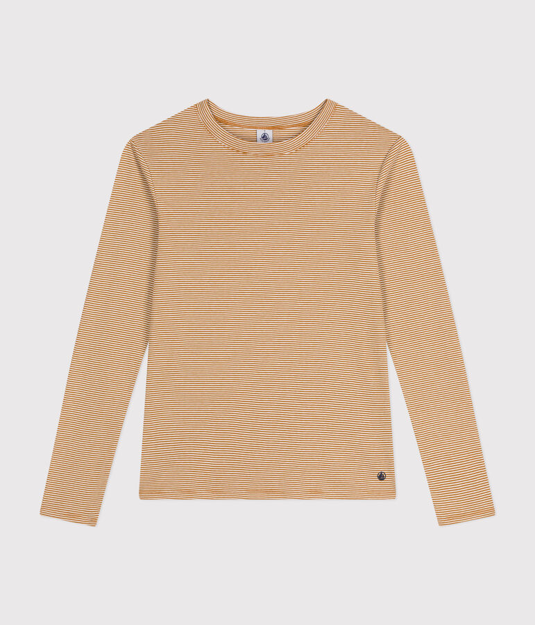 Tee-shirt L'ICONIQUE col rond en coton Femme marron CUIVRE/ MARSHMALLOW