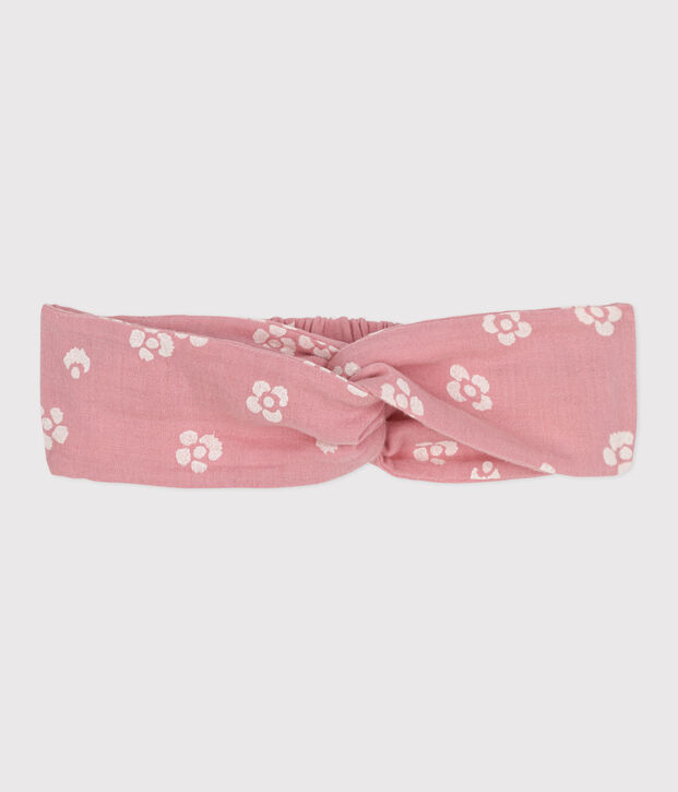 Bandeau enfant en gaze de coton imprim&eacute; fleurs rose/blanc