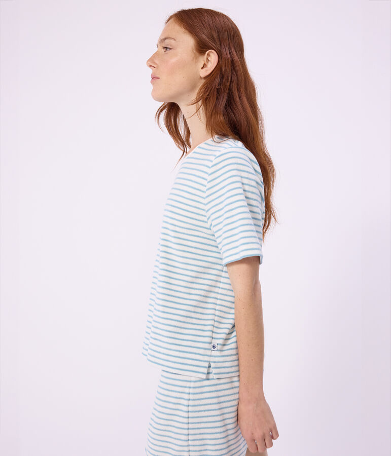 Pyjama short femme en coton &eacute;ponge &agrave; rayures blanc/vert